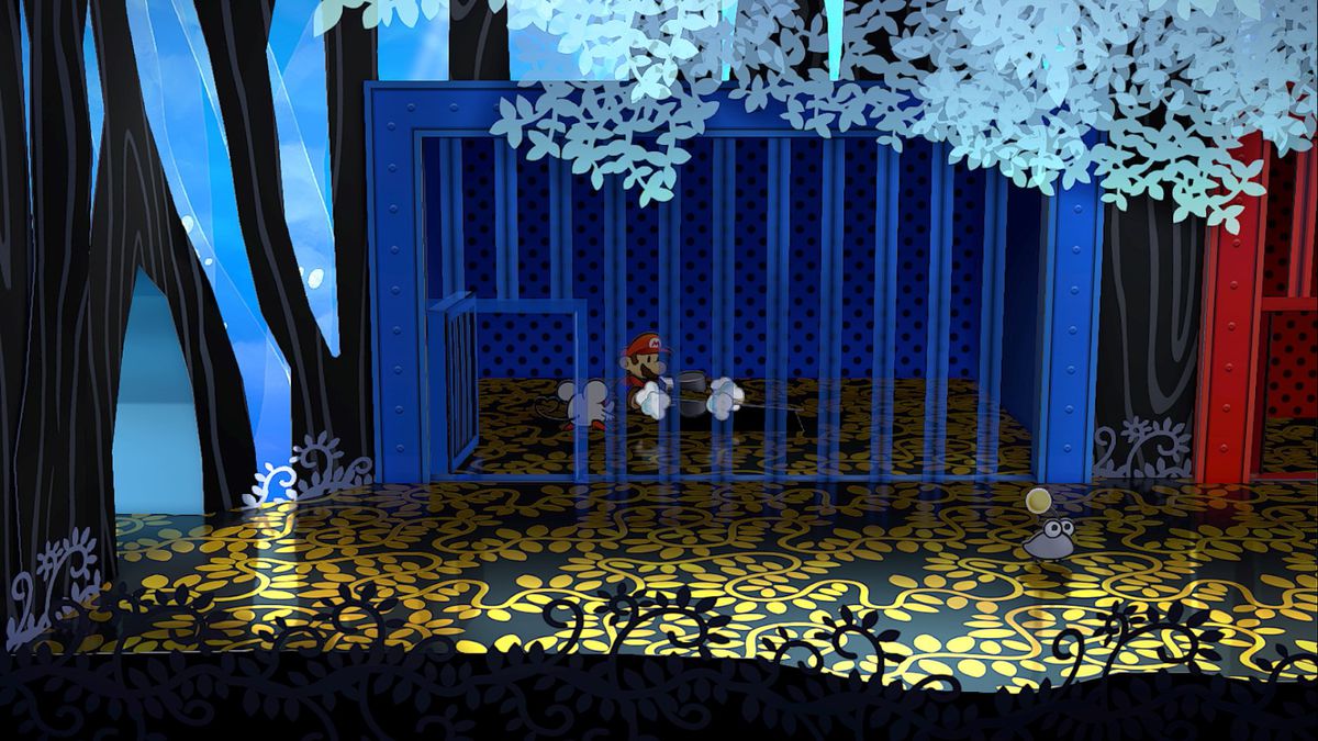 Mario hammers on a panel in a blue prison cell in Paper Mario: The Thousand-Year Door