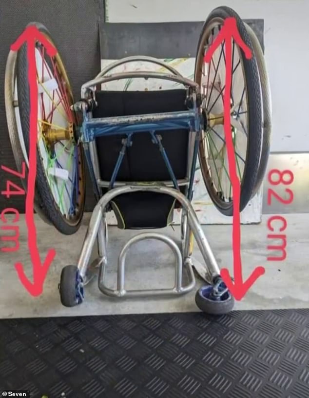 Mr Lachlan said the wheels are now uneven and the slightest slope will cause the wheelchair to fall backwards