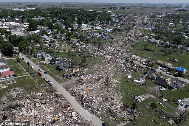An aerial photo shows the devastation left in Greenfield