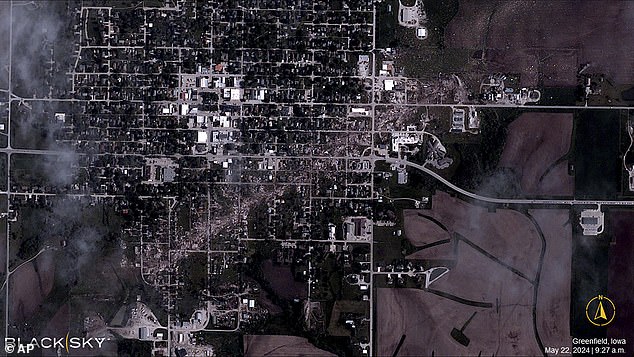 This satellite photo, taken by a BlackSky Technology satellite, shows the trail of destruction left by the twister