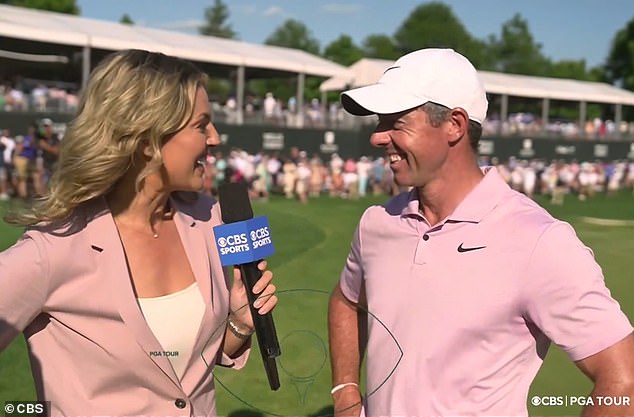 The flirty banter was evident at the Wells Fargo Championship on Mother's Day, May 12, as Balionis giggled, flirted and talked her way through her interview with the golfer.