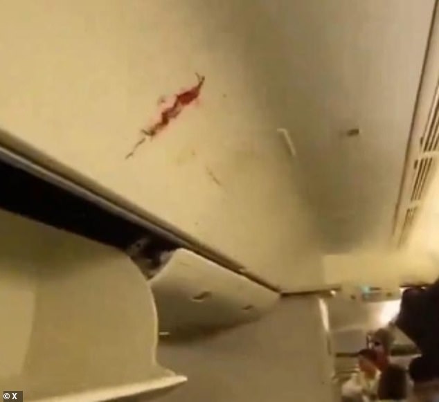 A bloodstain is seen on the overhead locker after turbulence