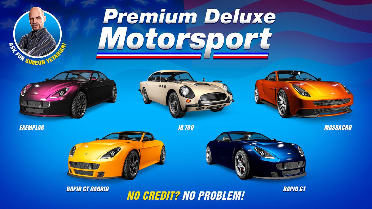 GTA Online promo art for vehicles on sale this week at Premium Deluxe Motorsports