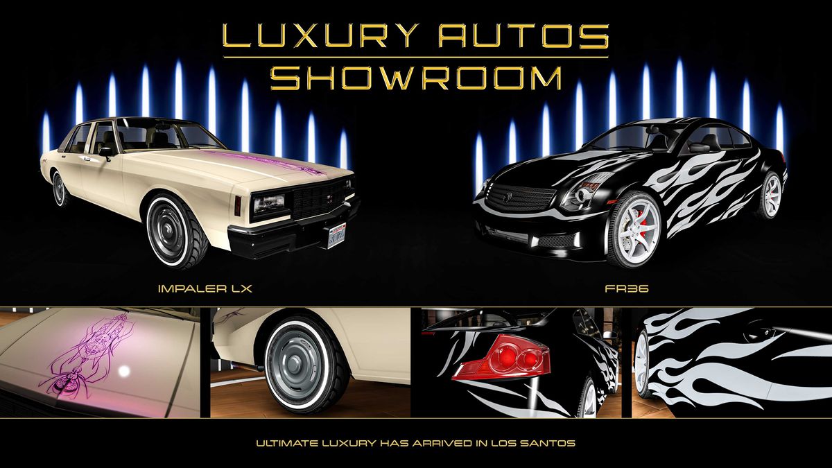 GTA Online promo art for vehicles on sale this week at Luxury Autos Showroom