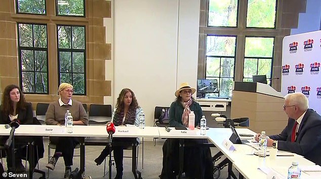 The committee heard from tenants (pictured) who are facing housing insecurity due to rising costs.  Libby (pictured far left) told the public hearing how her family has had to move six times in six years, which has affected her children (pictured second from left, tenant Lucy, and far right is fellow commissioner Doug Cameron)