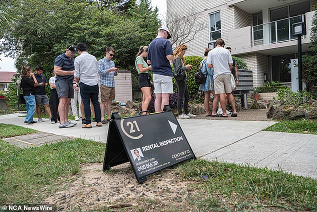 Everybody's Home, a national campaign to solve the housing crisis, said Australia is currently experiencing a 'historic housing crisis' (pictured tenants queuing to inspect a property)