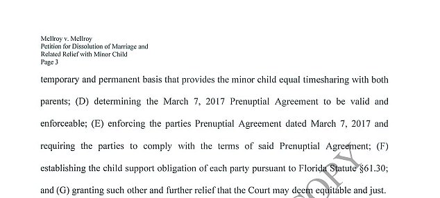 The divorce petition states that the couple had signed a prenuptial agreement.  However, details of the scheme have not been disclosed