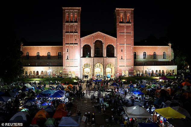 A general view shows the pro-Palestinian protest camp at UCLA on May 1, 2024