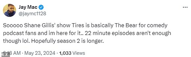 In one of the most positive fan reviews, Tires was favorably compared to the critically acclaimed drama series The Bear.  Their only criticism was that 22 minute episodes are not [long] enough'