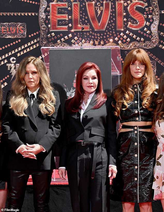 Riley's lawsuit claims that her mother did not borrow any money from the company and that her signatures on the deed are forgeries;  (L-R) Lisa, Priscilla Presley and Riley seen in 2022