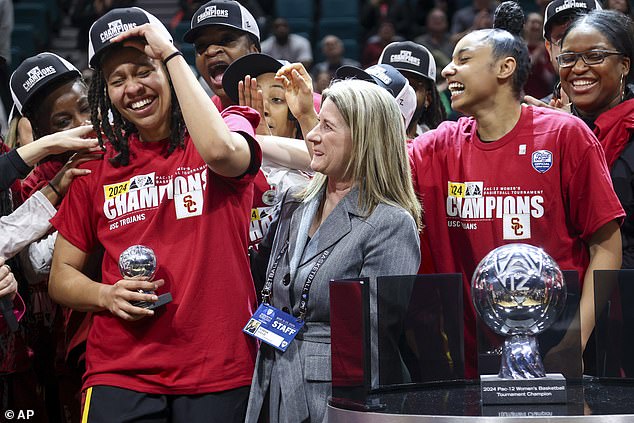 Southern California's McKenzie Forbes reacts after winning the Pac-12 Tournament in March