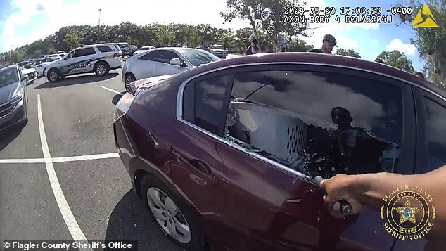 The officer is seen shattering the window with tools while the other officer talks to the adult on the other side of the vehicle