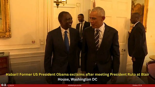 Kenyan media captured former President Barack Obama (right) greeting Kenyan President William Ruto (left) during a meeting at Blair House on Thursday