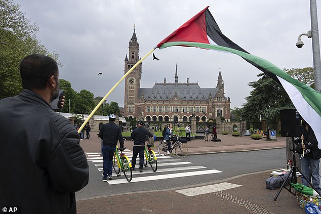 A lone protester waves the Palestinian flag outside the Peace Palace, at the rear, which houses the International Court of Justice, or World Court, in The Hague