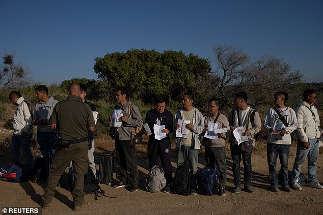 Migrants, most from China, surrender to a Border Patrol agent after crossing into the United States from Mexico in Jacumba Hot Springs, California, U.S., May 15, 2024