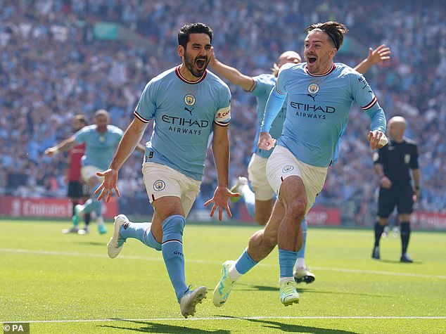Walker will aim for another trophy this weekend in a repeat of last year's FA Cup final against Man United, which City won 2-1 thanks to an Ilkay Gundogan brace (left)