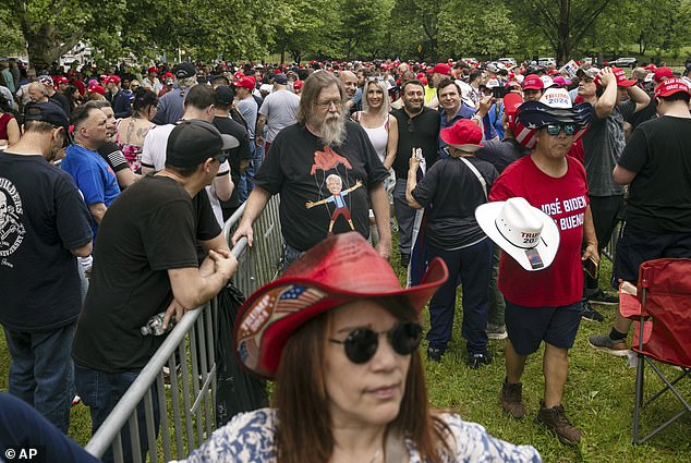 Supporters of Republican presidential candidate, former President Donald Trump, gather for a campaign rally in the Bronx borough of New York