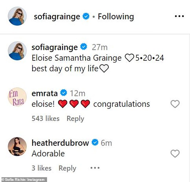 “Eloise Samantha Grainge 5×20×24 best day of my life,” the caption read.  Friends Emily Ratajkowski and Heather Dubrow shared sweet comments