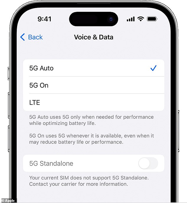 iPhone owners who have this technology will see 5G in the selections made in Voice & Data and Data Mode.  This tweak can help an iPhone owner extend battery life