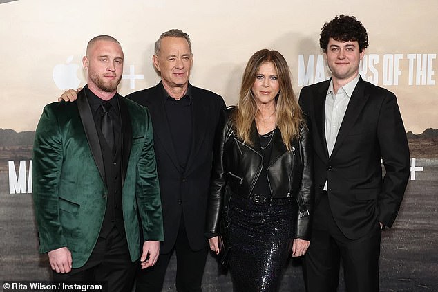 Tom Hanks bizarrely addressed Drake and Kendrick Lamar's explosive feud this week - in hilarious posts shared by his son Chet - pictured with Chet, wife Rita Wilson and son Truman 28