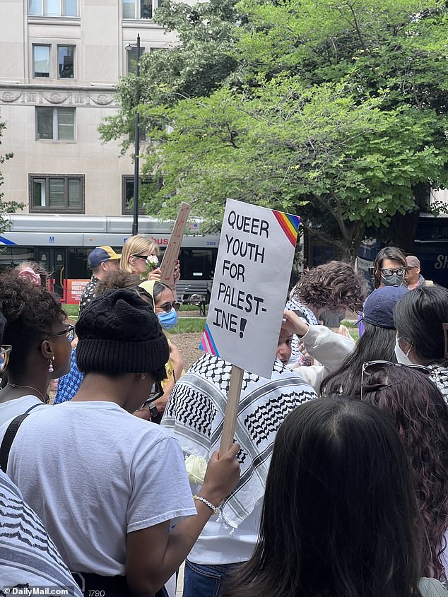 A protester marched with a sign that read “Queer Youth for Palestine!”