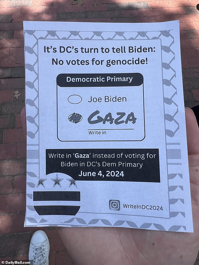 During the event, flyers were distributed urging DC Democrats' primary voters not to vote for President Joe Biden, but instead write in 