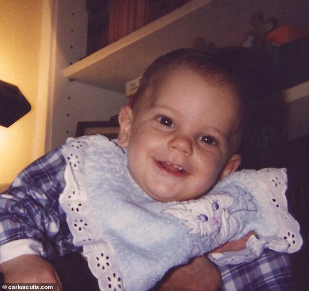 Carlo (pictured as a baby) was also an incredibly smart young boy;  he spoke his first word at three months old, started talking at five months old, and wrote at four.