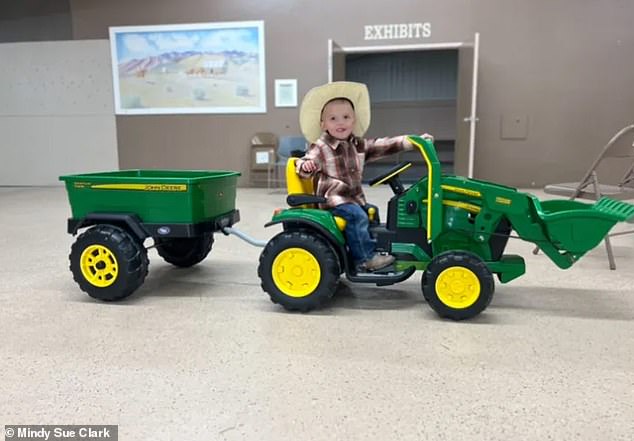 Levi snuck away from his family in the toy tractor (pictured), and his mother dived into the river to save him after he disappeared under the current