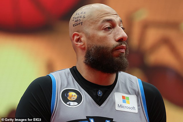 A close-up of the writing on the head of Royce White #30 of the Power Reading "Alex Jones was right" during the game against the Bivouac in BIG3 Week 5 at Comerica Center on July 17, 2022 in Frisco, Texas