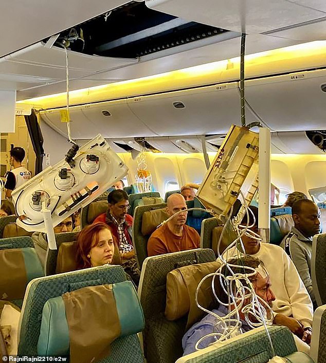 Singapore Airlines said other existing safety measures during inclement weather conditions include requiring crew members to secure loose items in the cabin and galley.  Pictured: the destruction caused by the turbulence