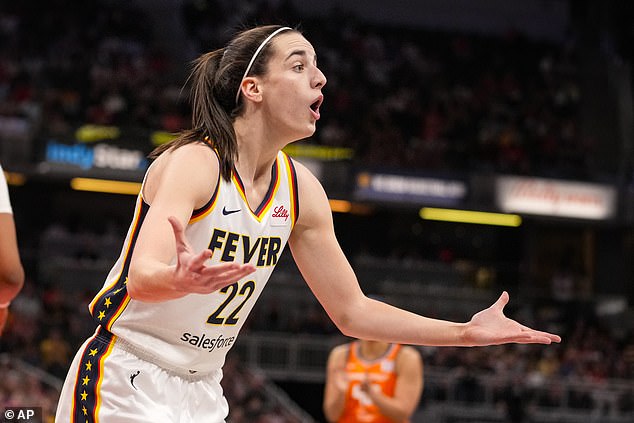 Indiana Fever guard Caitlin Clark questions a call in the first half against the Connecticut Sun