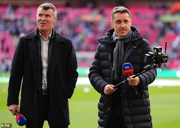 Ten Hag targeted pundits (pictured: former Man United players and Sky Sports presenters Roy Keane and Gary Neville) for making United 'easy prey'