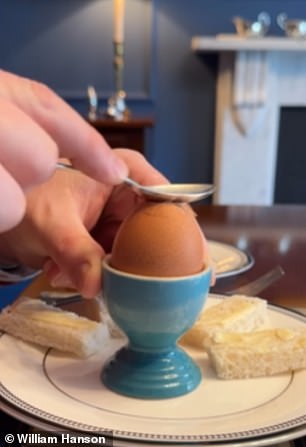 Egg cell technique: Mr Hanson instructs his social media viewers to hold the egg cup in their non-dominant hand 'to secure it', then 'smash the top' with a teaspoon (above)