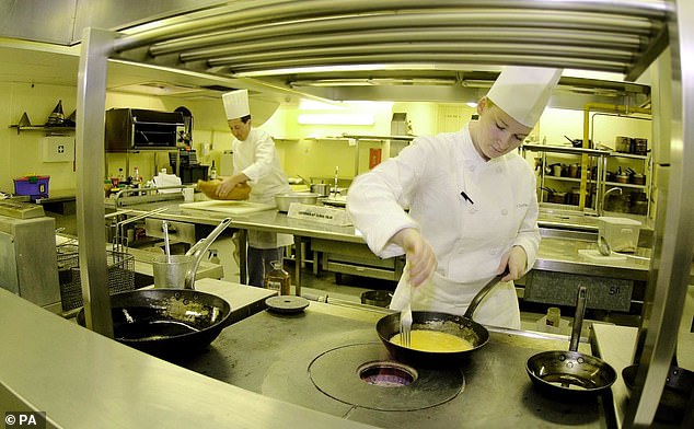 Buckingham Palace kitchen staff preparing food, 2000