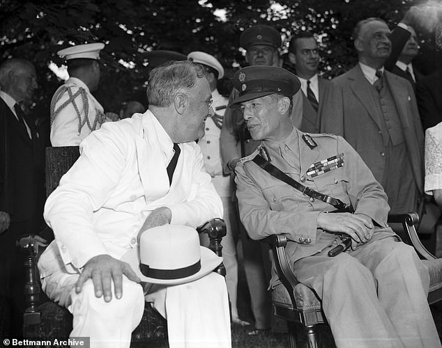 King George II with President Franklin D. Roosevelt on the White House lawn after George's flight from Cairo in 1941