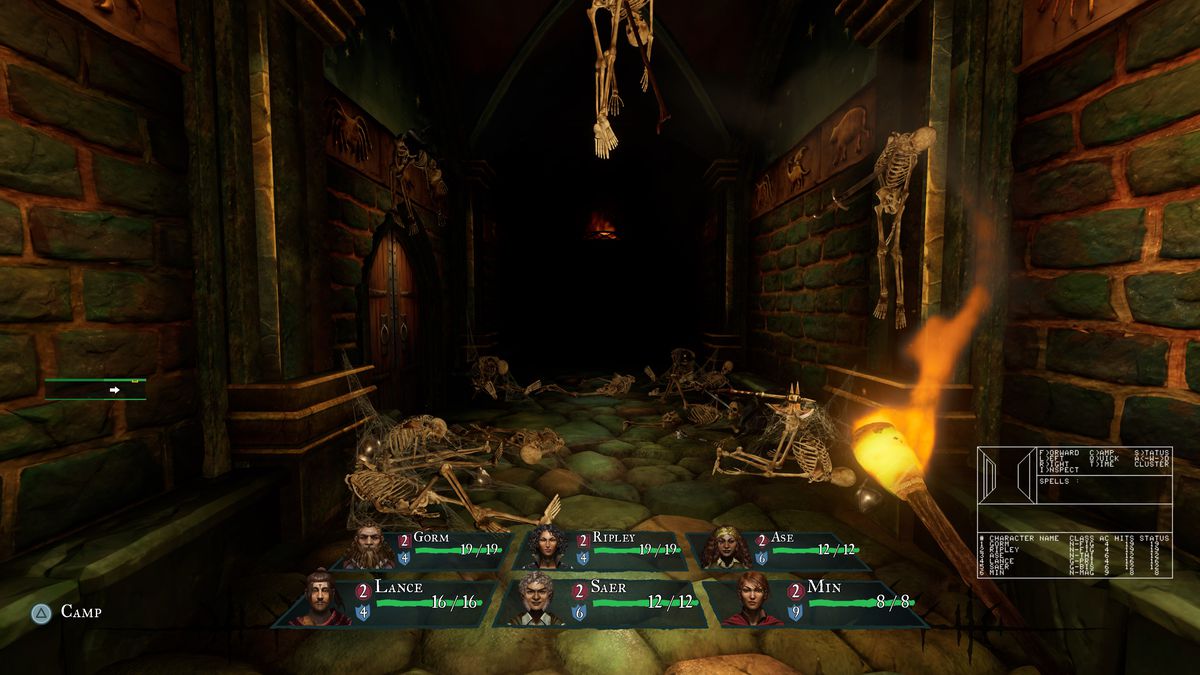 A first-person shot of wizardry, with a pile of skeletons outside a door.  The scene is illuminated by a flaming torch in the player's right hand.