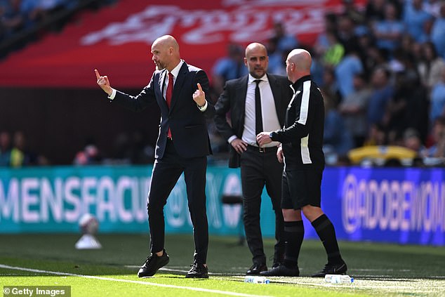 Ten Hag was the more animated manager on the sidelines as his rival Pep Guardiola looked on in frustration