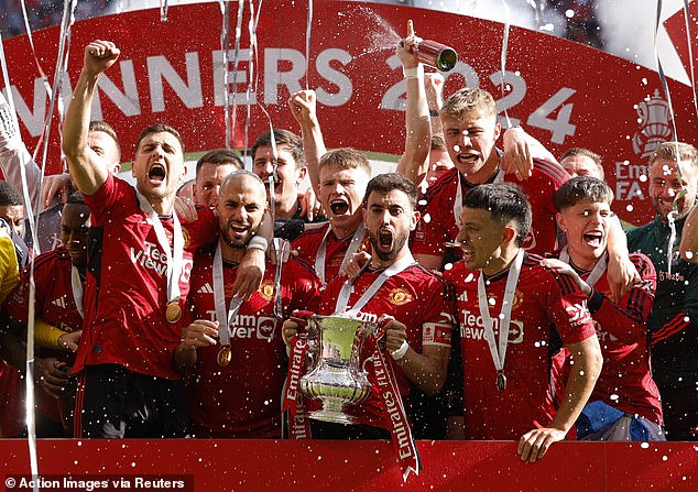 Man United captain Bruno Fernandes led the on-pitch celebrations as his side lifted the trophy