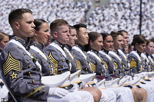 Graduates listen as President Joe Biden speaks during the U.S. Military Academy commencement ceremony, Saturday, May 25, 2024, in West Point, NY