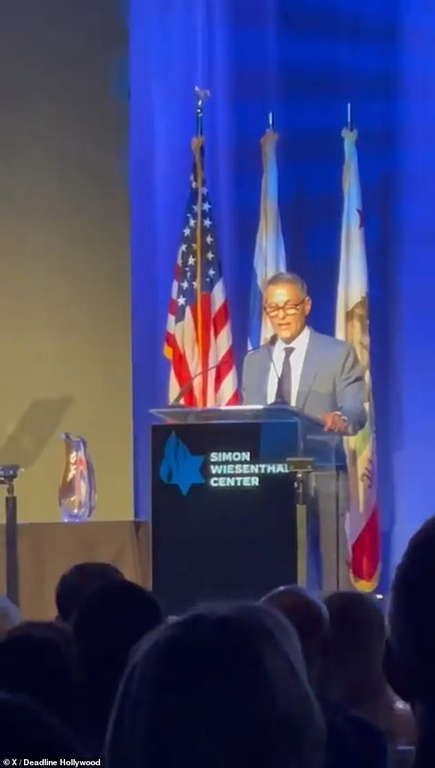 Pictured: Emanuel delivers his speech at the Simon Wiesenthal Center gala in Beverly Hills, where he received the Jewish organization's Humanitarian Award, its highest honor