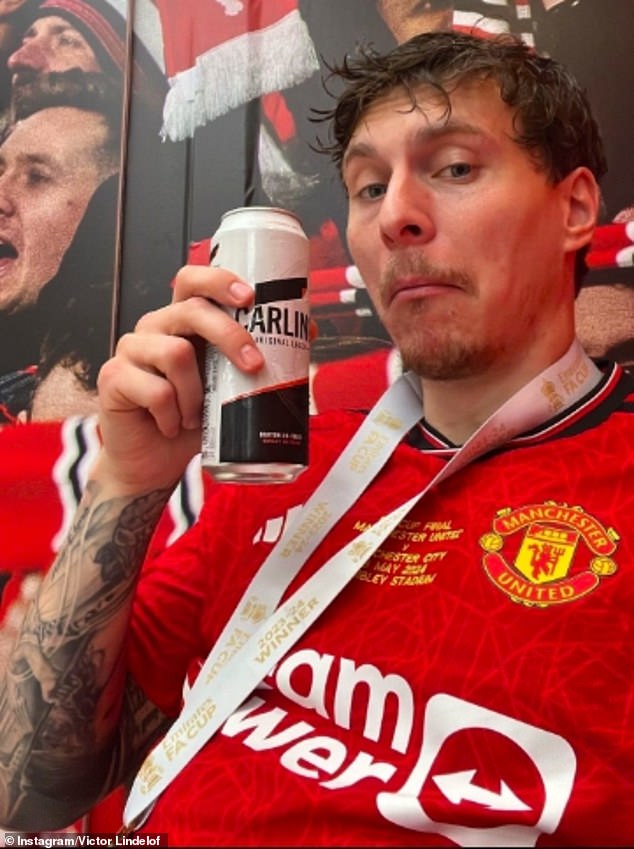 Defender Victor Lindelof was happy to sit back with a can of Carling after the Wembley win
