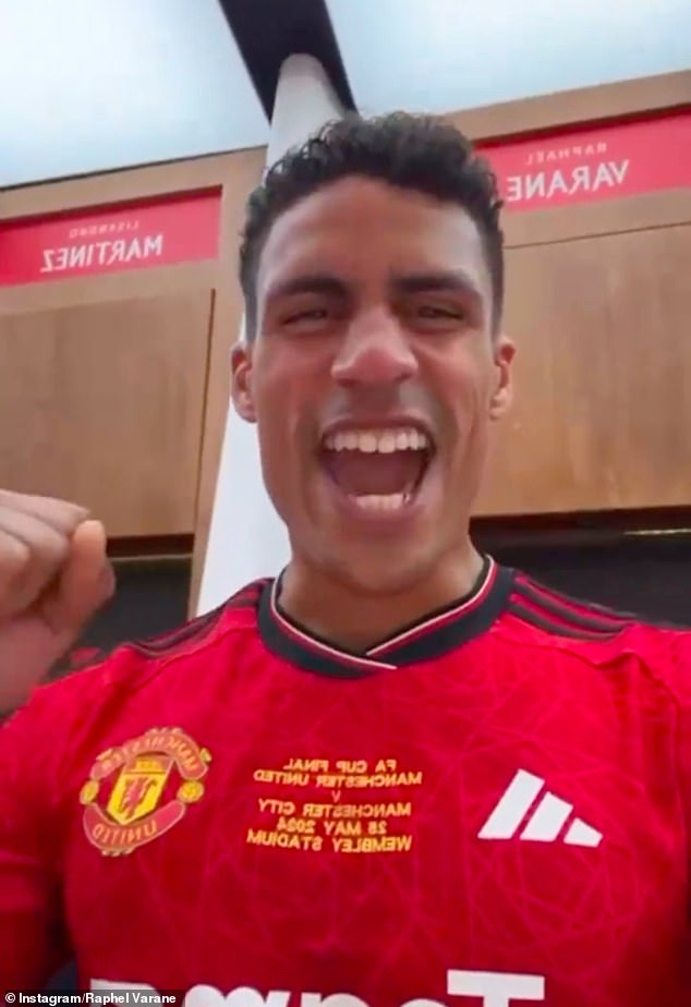 Raphael Varane celebrates United's victory in an Instagram video after eliminating City