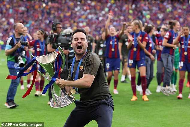 Jonatan Giraldez (centre) celebrated after the match, with the Barcelona boss having previously confirmed he would leave the club at the end of the 2023-2024 season