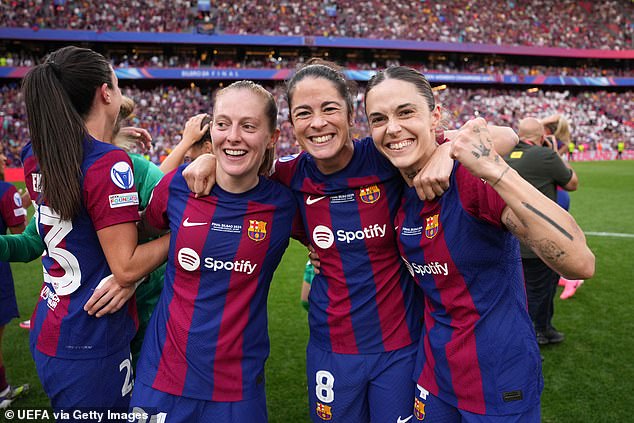 Lioness star Keira Walsh (left) beamed with joy as she celebrated alongside Marta Torrejon (center) and Maria Leon (right)