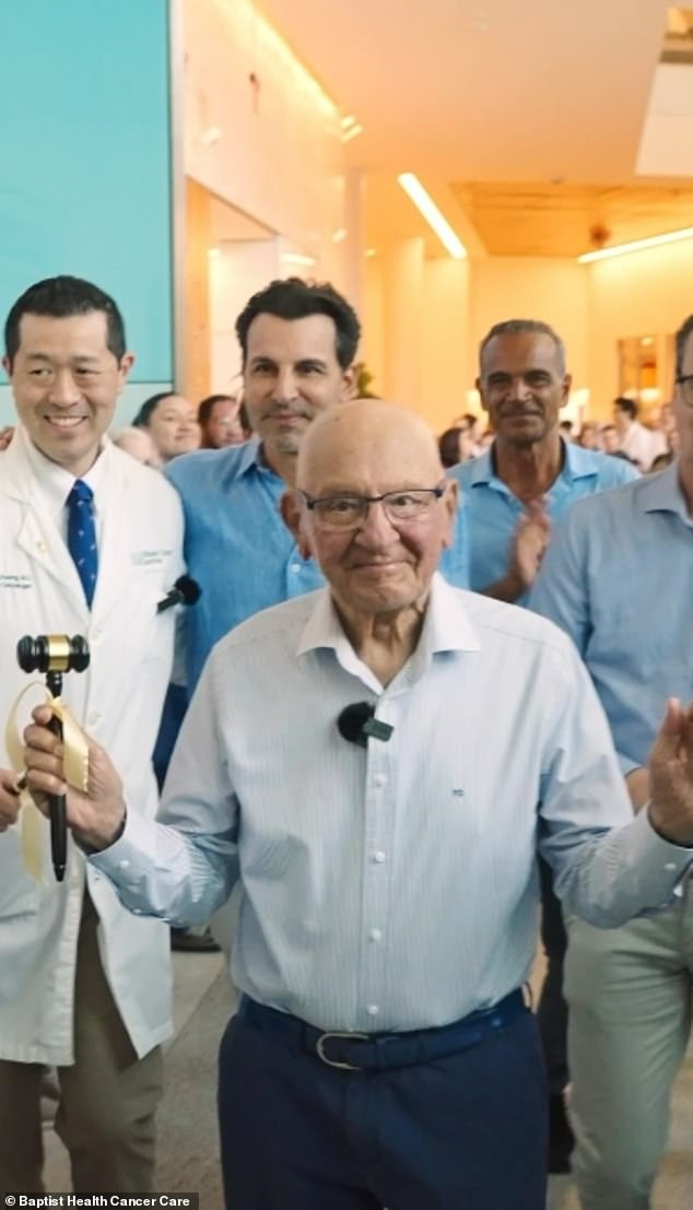 The 87-year-old rang the bell at Baptist Health Miami Cancer Institute to celebrate the completion of his cancer treatment