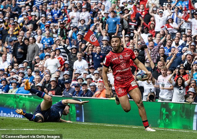 Matthis Lebel (right) thought he had secured victory with a try in the left corner from Romain Ntamack's cross in extra time