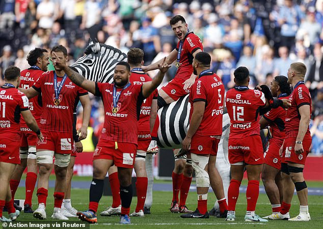 Scotland's Blair Kinghorn was seen riding a model zebra placed on the field by sponsors