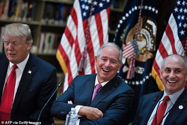 Schwarzman laughs with former President Donald Trump during an economic meeting in 2017