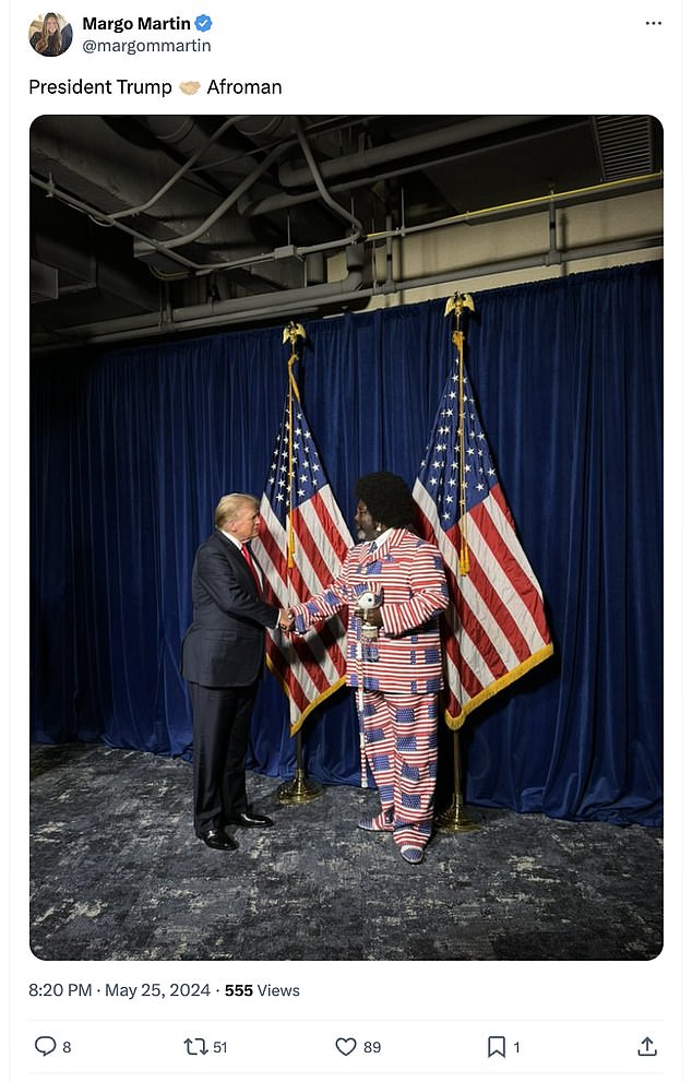 Before his speech, Trump aide Margo Martin posted a photo of the former president's meeting (left) with rapper Afroman (right) backstage