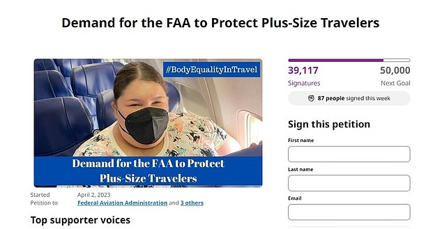 Chaney created a Change.org petition in April 2023 to demand that the FAA protect plus-size travelers.  It has received more than 39,000 signatures